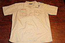 Boy Scouts of America BSA Men's Shirt Tan Large Sewn Patches Short Sleeve
