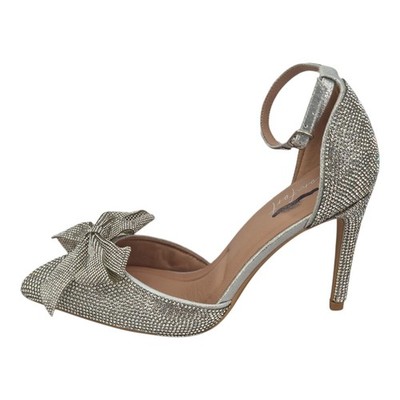New Look flache Damenschuhe silberfarben diamantbesetzt Schleife Knöchelriemen UVP 42,99 £