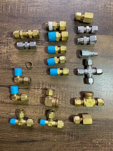 Lot of 18 Swagelok & Parker 1 Stainless/Brass Compression Tube Fittings & Valves
