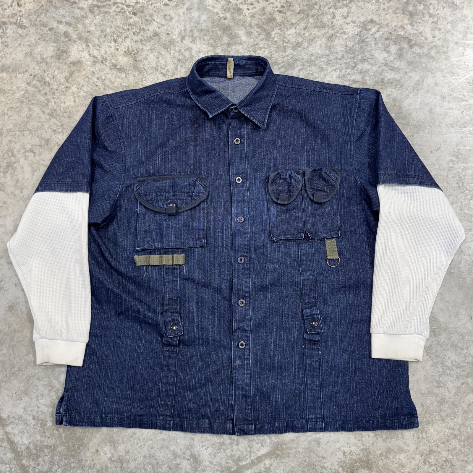 Raw Blue Denim Shirt Mens 3XL y2k hip hop Thermal sleeves lined utility grunge