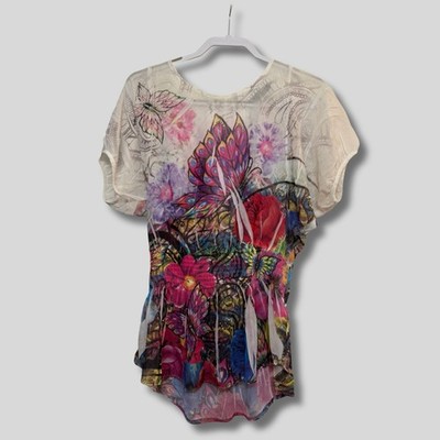 Perseption Concept Women's Floral Multicolor Sheer Blouse Y2K Size Medium