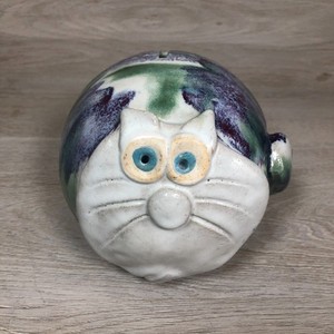 VTG Artisan Pottery Cat Piggy Bank Handcrafted Purple/Green Glaze & Blue Eyes