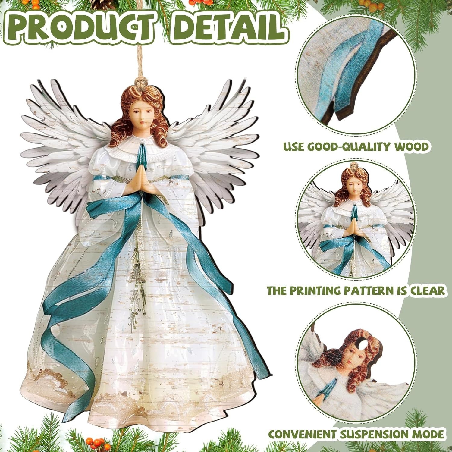 Elegant 12-Pc Wooden Angel Christmas Ornaments for Charming Holiday Decor