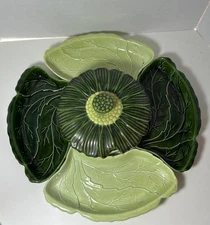 Vintage Valley Vista California Pottery Green Leaf Chip And Dip Or Relish Set.
