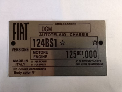 Typenschild id-plate Chassis Fiat 124 BS1 Spider  Schild S104