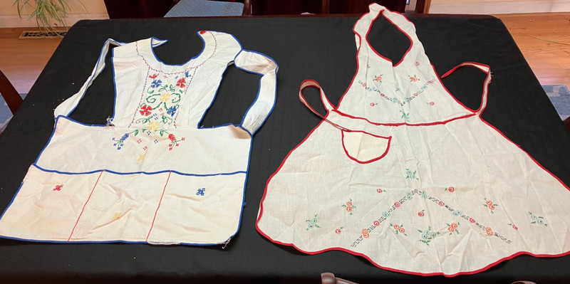 2 Vintage Hand Embroidered Full Bib Aprons