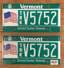 Set of 2 Vermont Truck License Plate US Veteran American Flag Embossed V5752 EXP