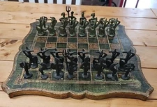 1960, VTG Italian Bronze Painted Alberto  Giacometti Chess Set With 2 Boards