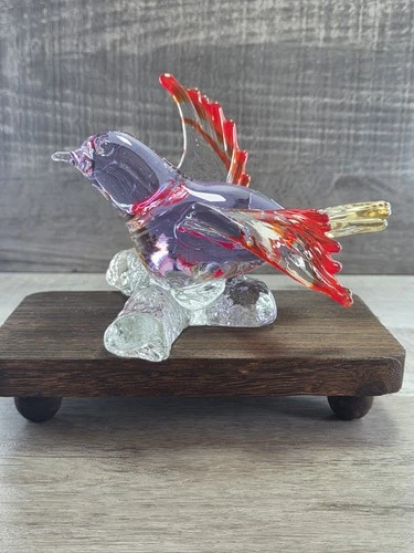 Vintage Murano Glass Sculpture Bird Perched On Branch Purple Orange Red HTF 76.7