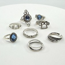 8pc Boho Ring Set Silver Tone Blue Crystal Lotus Knuckle Punk Stackable Jewelry