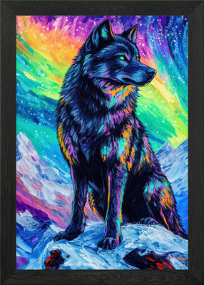 Wolf Under Aurora Borealis Framed Wall Art Poster Canvas Print Picture