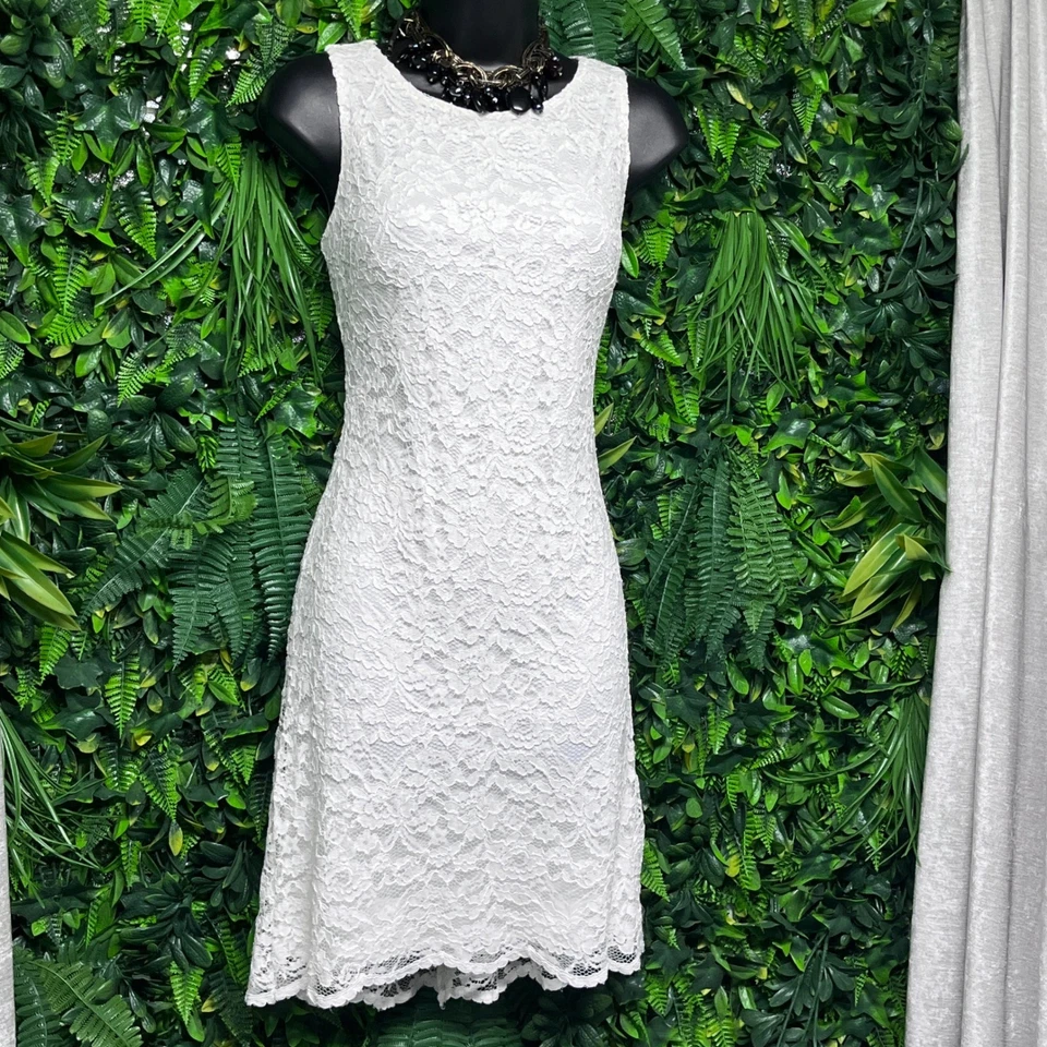 Ralph Lauren Dress Size 4 Cream Lace Sheath Sleeveless Knee Length Cocktail 3307 - Image 3 of 4