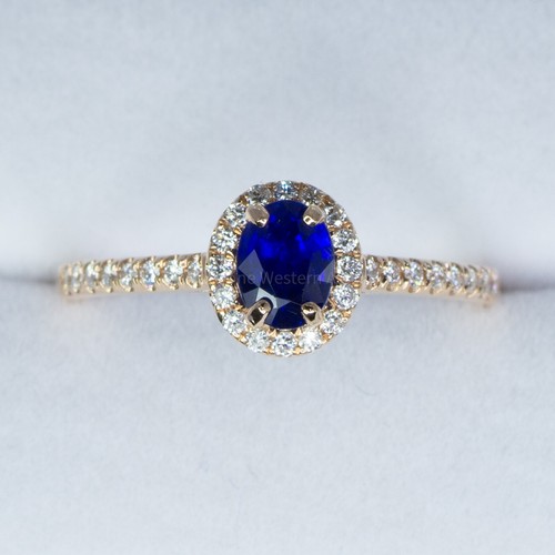 Natural Unheated Blue Sapphire Ring Diamond Halo Ring in 18K Rose Gold - Picture 3 of 6