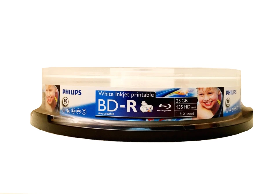 Белые диски для струйной печати Philips BD-R Blu-Ray с 6 скоростями 25 ГБ упаковка 10 шт. - Изображение 2 из 3