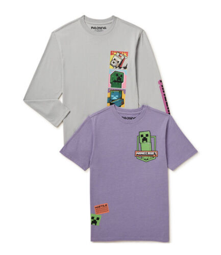 2-Official Minecraft Short/Long Sleeve Shirts Boys XSmall 4/5 Mojang Studios New