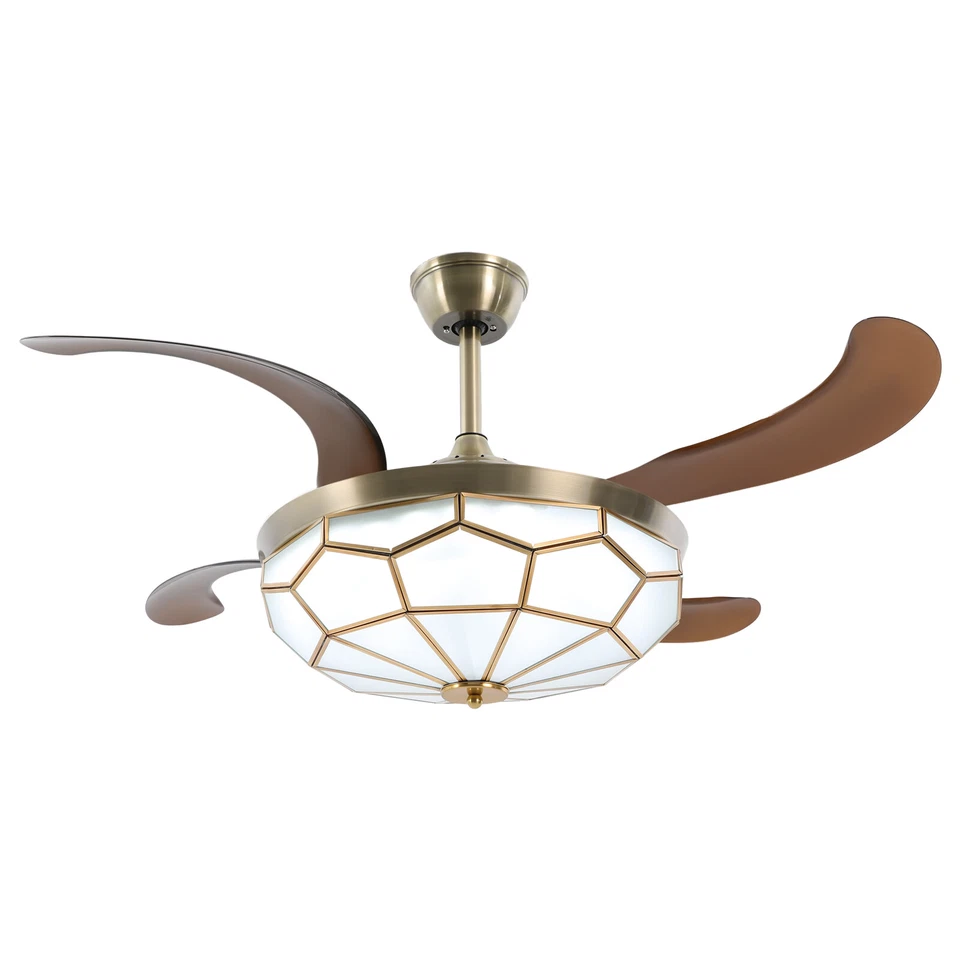 42" Tiffany Ceiling Fan Light Retractable Blades LED Chandelier Lamp Bedroom - Image 4 of 4