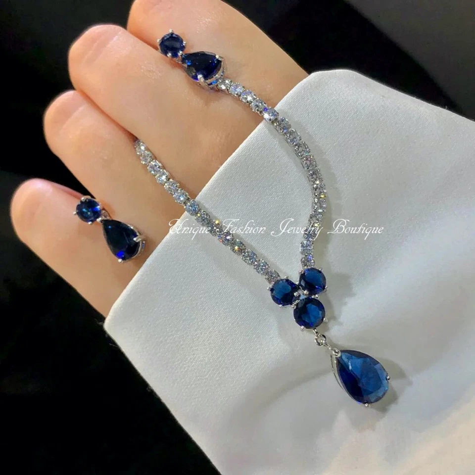 18k Platinum Filled Lab-Created Blue Sapphire Necklace Earrings Set Women’s Gift - Image 2 of 4