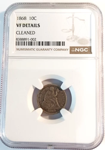 1868 SEATED LIBERTY DIME NGC certified - VF-DETAILS (Cleaned)