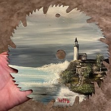 Hand Painted 6.5 In Saw Blade With Lighthouse And Waves Splashing