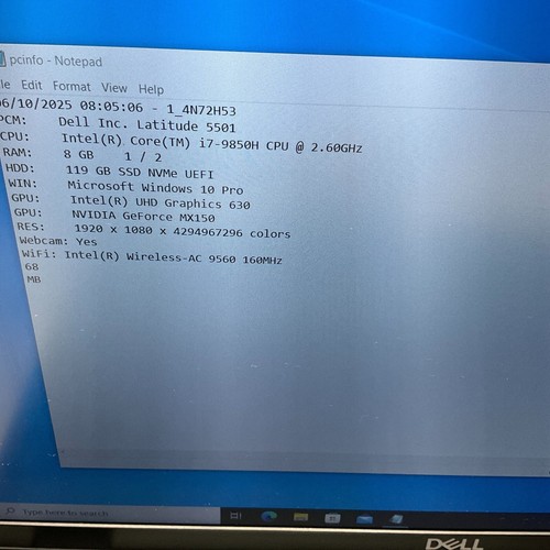 DELL LATITUDE 5501 I7-9850H 2.6GHZ 8GB 128GB SSD MX150 Windows 10 Pro Laptop - Picture 3 of 10