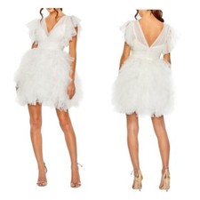 NWT Mac Duggal 20505 Tulle Tiered Ruffle White Mini Dress Size 0 PARTY