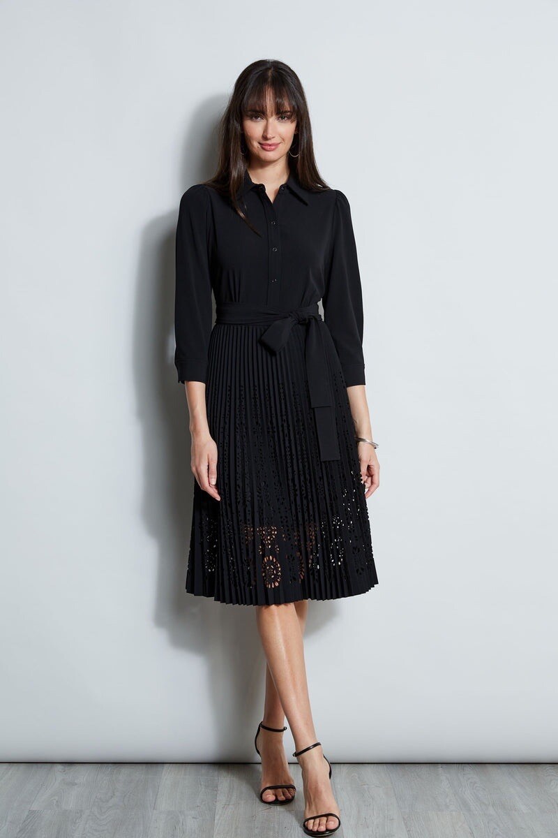 New Elie Tahari Pleated Laser Cut Midi Dress E8147603 Black