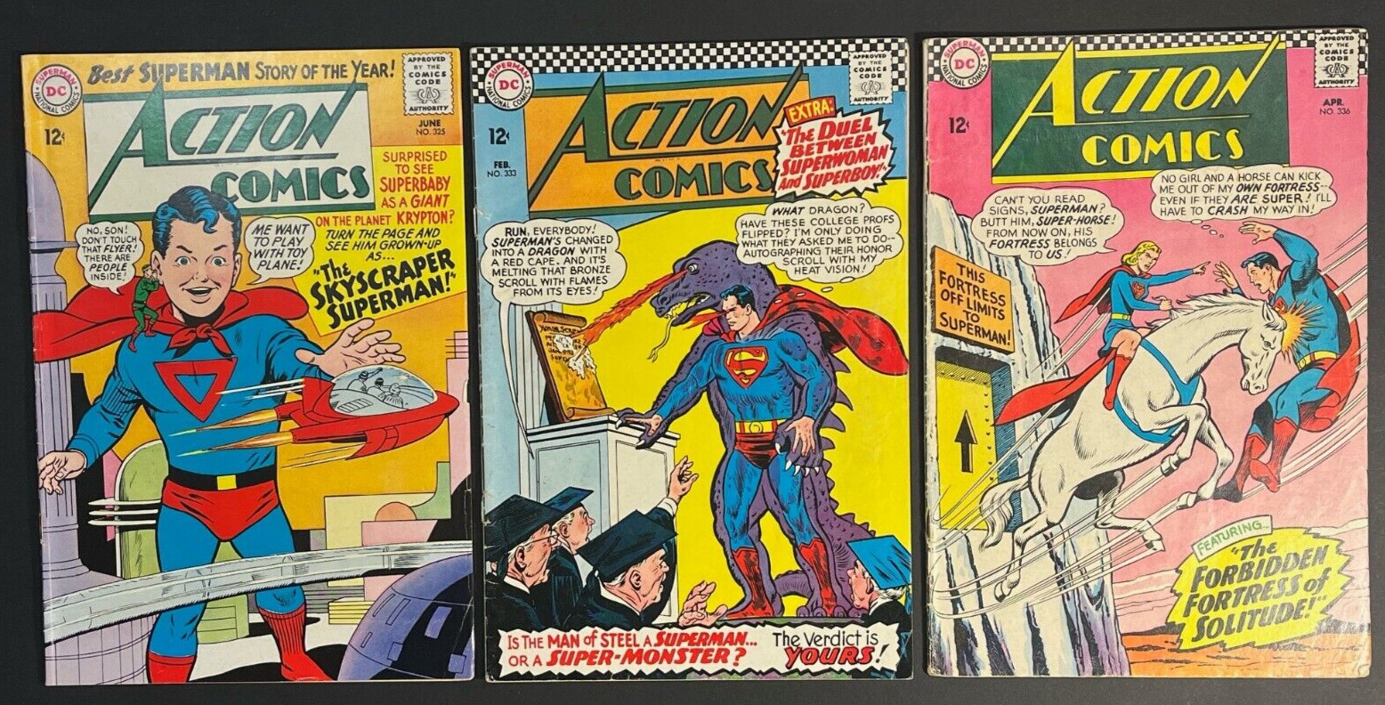 Lot of (3) Action Comics #325 #333 #336 1965-1966 SUPERMAN SUPERGIRL 3.5 VG- AVG