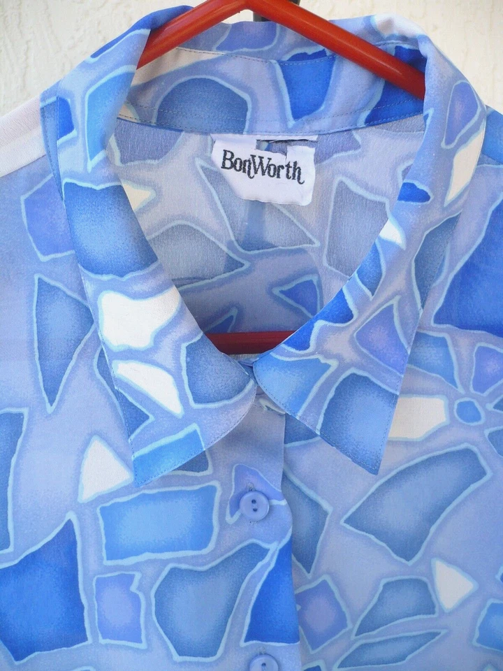 CAMISA BLUSA MUJER VINTAGE AÑOS 80 BON VALUE 2X PLUS AZUL FLORAL GEOMÉTRICA ABOTONADA Foto 2 de 4