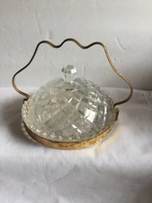 Vintage Glass Diamond point Butter Dish With Lid With Metal Holder Round