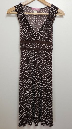 Vintage Dress Brown White Dot Medium Empire V Neck Flowy Tank 90s Y2K 2000 Aline - Picture 2 of 12