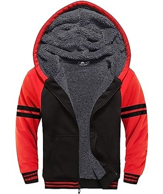  Hooded Jacket for Boys Full Zip Ultra Soft Sherpa Fleece 8-9 Years Red Black