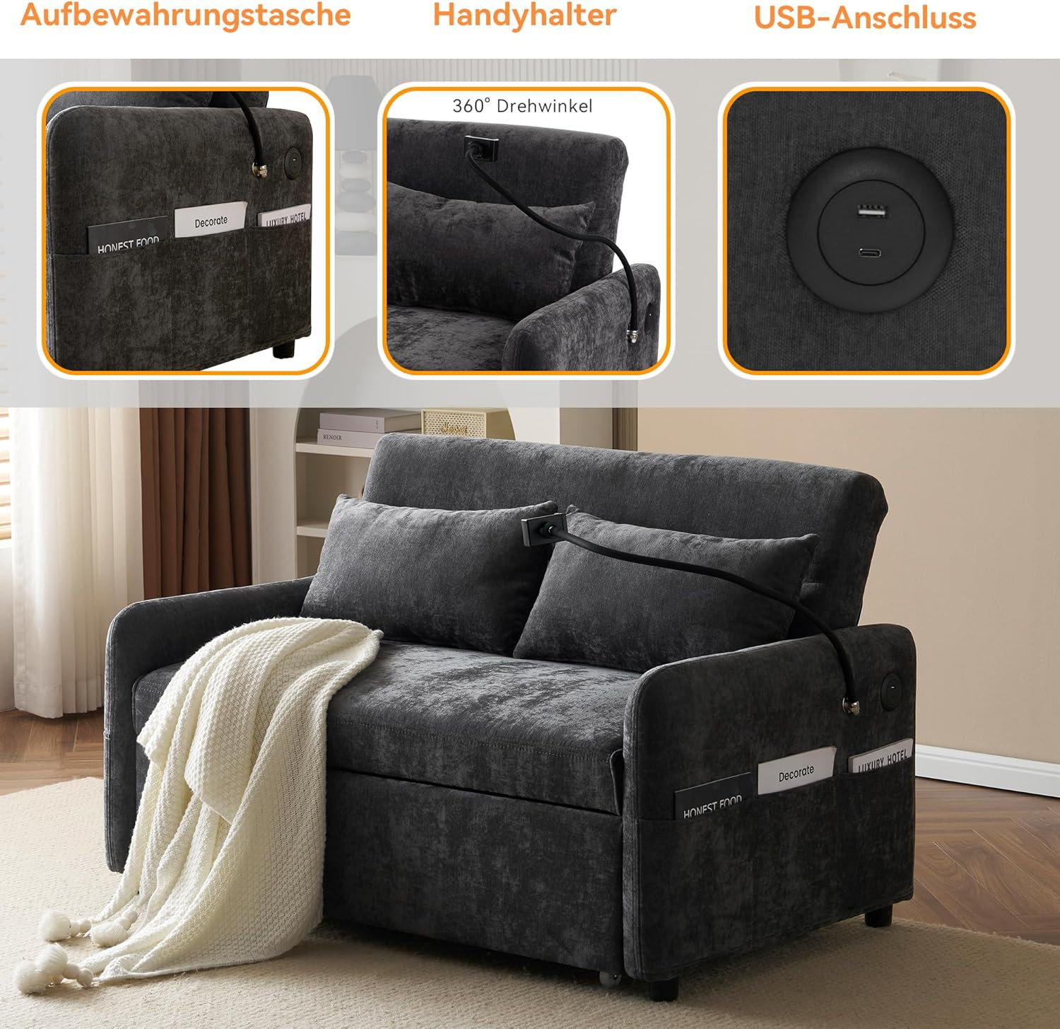Schlafsofa 2-Sitzer Sofa Mit Schlaffunktion, Klappbares 3-In-1 Schlafcouch Mit V
