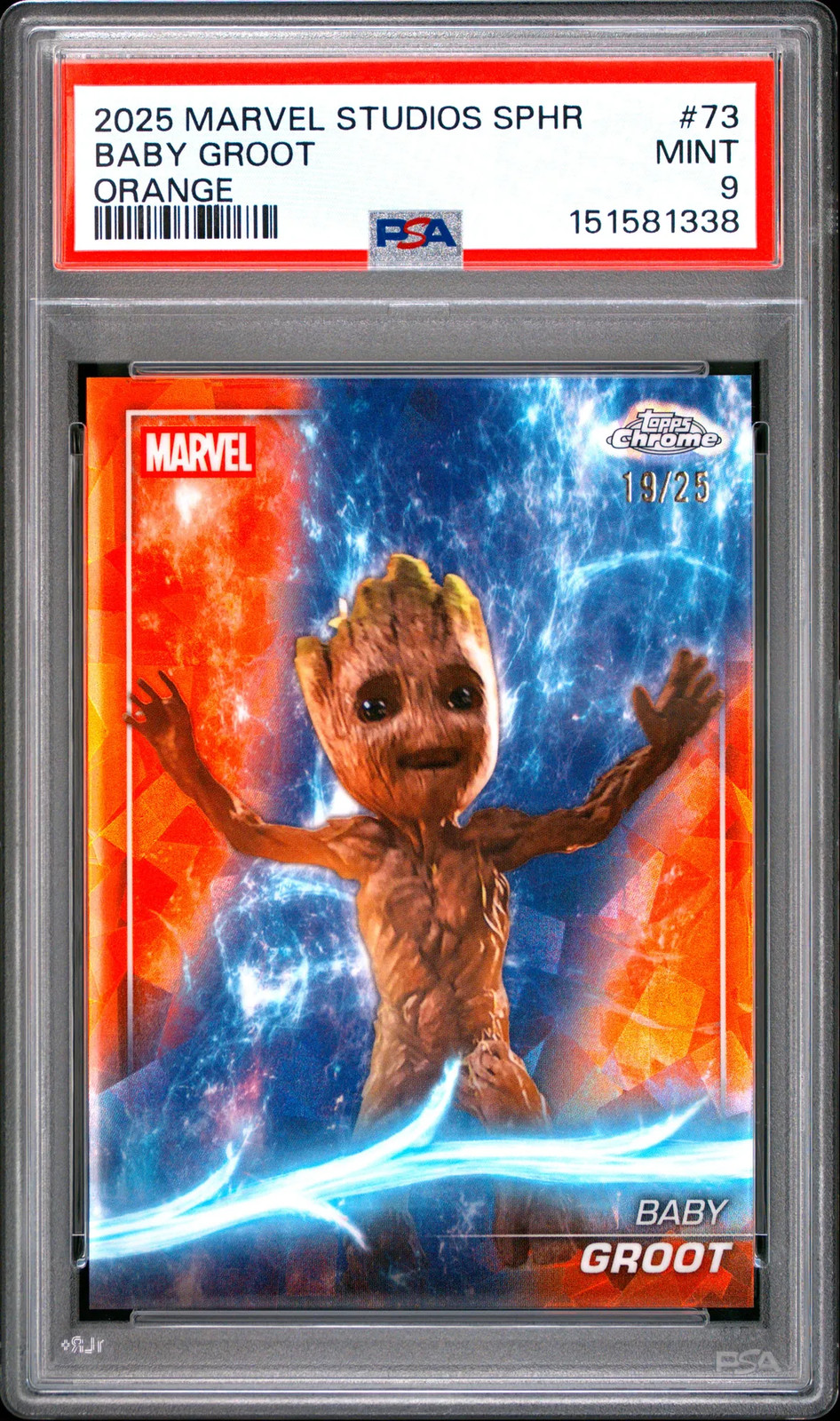 2025 Topps Marvel Studios Chrome Sapphire Edition Baby Groot Orange /25 73 PSA 9