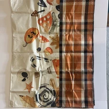 Autumn Plaid Print Fall Table Runner with Pumpkin and Leaves Design