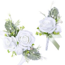 White Wrist Corsage And Boutonniere Set Artificial Rose Wedding Prom Party