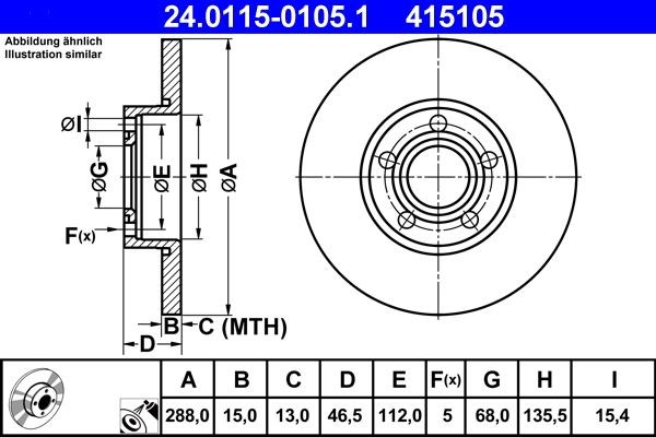 2X ATE Bremsscheibe 24.0115-0105.1 FüR Audi-image