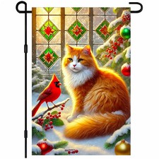 IVN Winter Garden Flag 12x18 Inch Double Sided Orange Cat with Cardinal