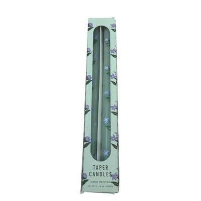 Anthropologie Hand Painted Floral Taper Candles 12 Inch Mint Green Set of 2 NEW