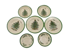 VINTAGE SPODE CHRISTMAS SET 2 BOWLS, 2 SAUCERS, 3 BREAD PLATES SET OF 7