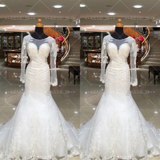 Mermaid Wedding Dresses Long Sleeve Scoop Neck Lace Applique Tulle Bridal Gowns