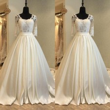 Elegant Wedding Dresses Long Sleeves Lace Scoop Neck Bridal Gown Sweep Train