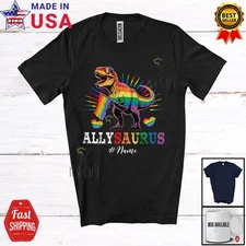 Custom Name Allysaurus; Colorful LGBTQ T-Rex Dinosaur; Rainbow Flag Family Shirt
