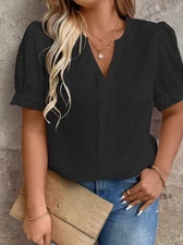 Shein Curve 1XL Women's Black V Neck Puff Sleeve Blouse Top NWOT 💕