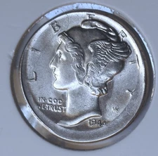 1944 . Mercury Dime . Gem BU . Broadstruck Mint Error Variety . Full Bands