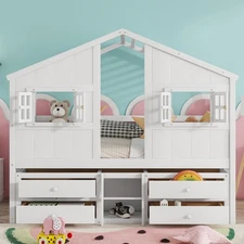 Full Size House Loft Bed w/Roof，Windows，4 Storage Drawers，Pine Wooden Bed w/Saf