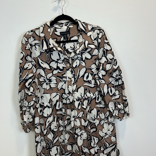 Cynthia Rowley XL Brown Floral Maxi Dress Popover Cotton Pockets Tiered - Picture 2 of 10
