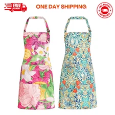2 Pack Floral Aprons with Pocket Adjustable Kitchen Cooking Aprons for Women