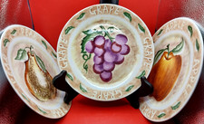 Set of 3 plates, Apple, Grapes, Pear & black iron wall hanger~8" around