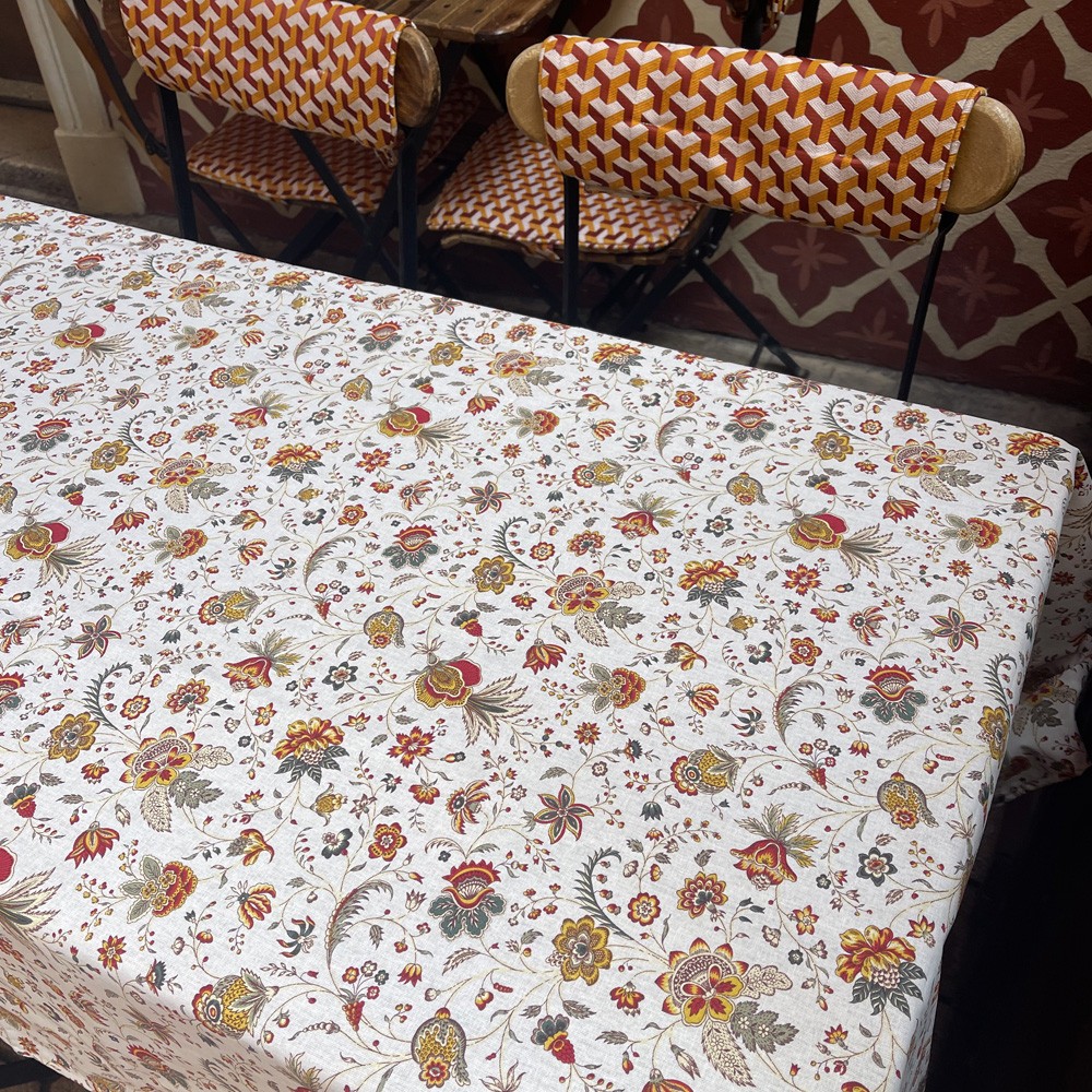 Nappe rectangulaire en coton Holi écru motif floral 2m40 x 1m55