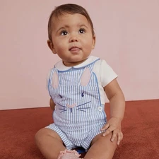 Mini Boden Blue Stripe Bunny Romper & Peter Pan Collar Bodysuit Matching Set